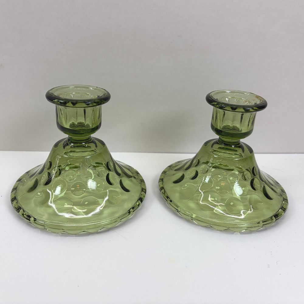 VTG Hazel-Atlas Glass El Dorado Avocado Green Thumbprint Taper Candlesticks MCM